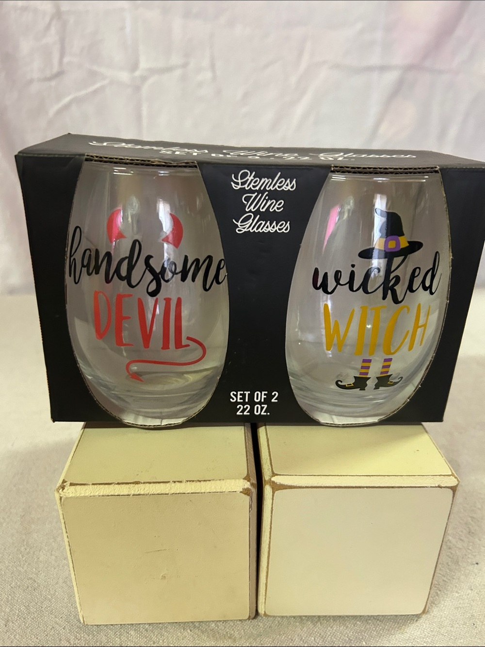 Stemless Wine Glasses Set - Handsome Devil & Wicked Witch (Clear)
